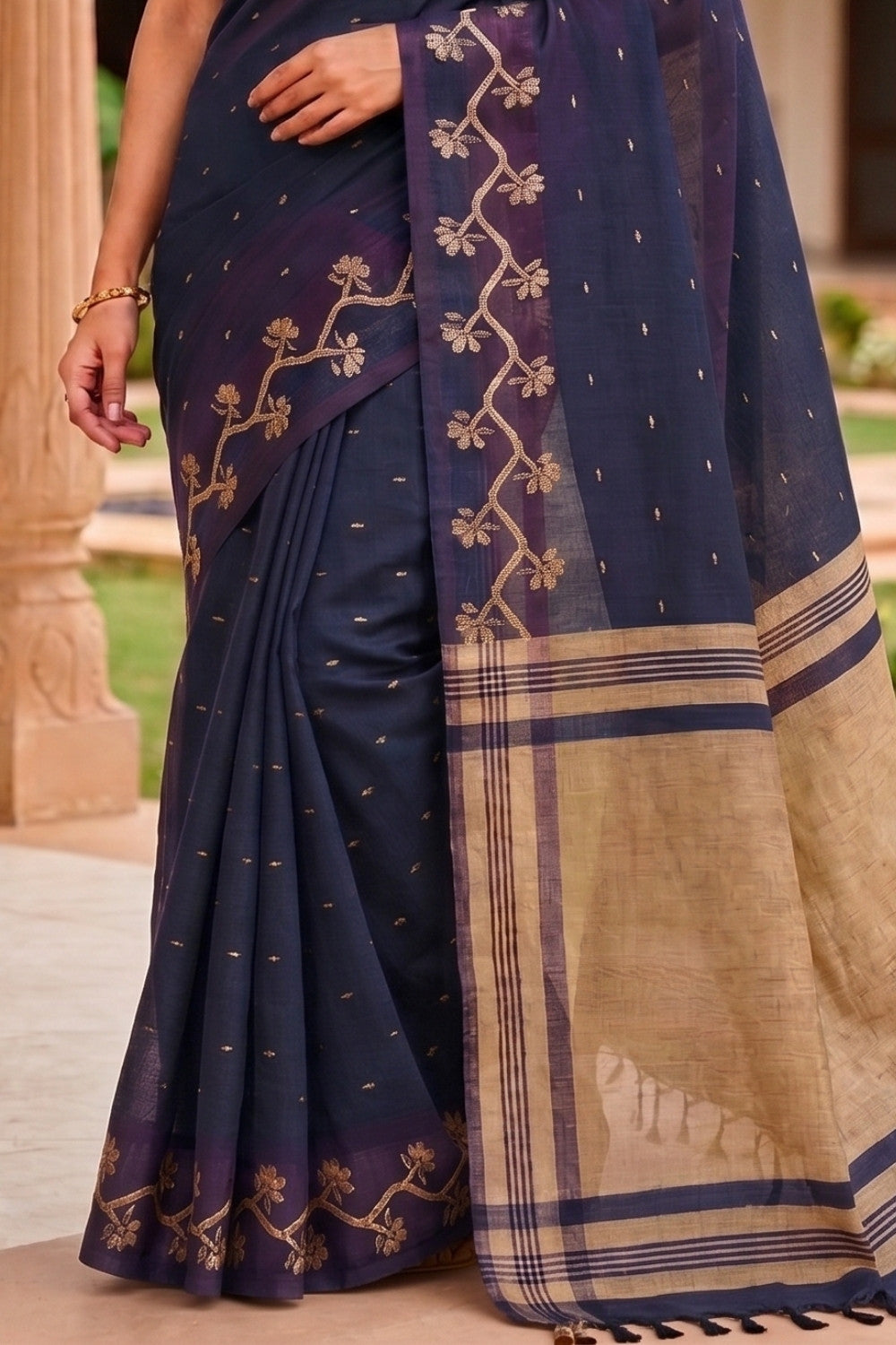 Naidu Hall Women's Purple Khadi Cotton Blend Jacquard Saree with Blouse | Lightweight Ethnic Wear Saree - G475