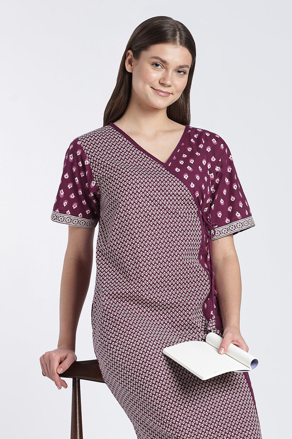 Naidu Hall Women’s Printed Cotton Angarakha Nighty | V-Neck Wrap Style Night Dress with Tie-Up | Short Sleeve Daily Wear, Sleepwear & Loungewear
- NB51