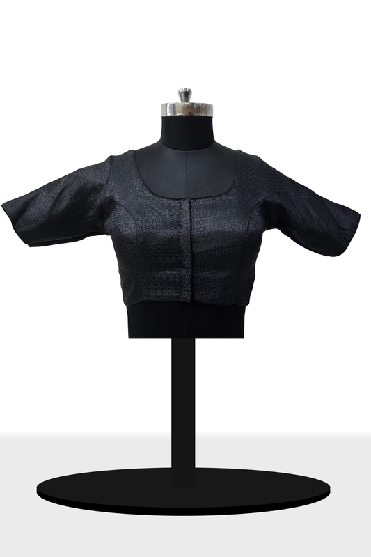 Women's Blouse Cotton Blend Padded Front Open Round Neck Princess Cut Elbow Sleeve Printed Saree Blouse - Black - R113