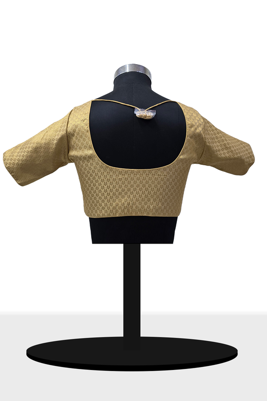 Women’s Blouse Cotton Blend Padded Front Open Round Neck Princess Cut Elbow Sleeve Printed Saree Blouse - Gold - R113