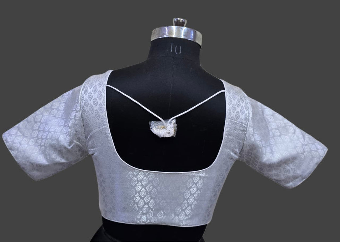 Women’s Blouse Cotton Blend Padded Front Open Round Neck Princess Cut Elbow Sleeve Printed Saree Blouse - Silver - R113
