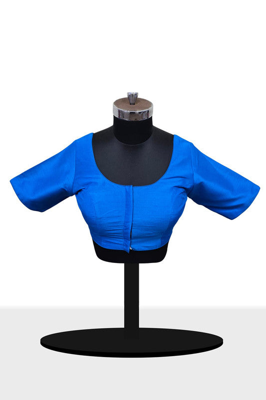 Women's Blouse Raw Silk Padded Front Open Round Neck Princess Cut Elbow Sleeve Saree Blouse with Round Back - Ananda Blue - R124