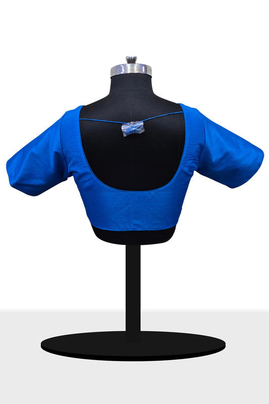 Women's Blouse Raw Silk Padded Front Open Round Neck Princess Cut Elbow Sleeve Saree Blouse with Round Back - Ananda Blue - R124