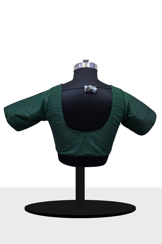 Women’s Blouse Raw Silk Padded Front Open Round Neck Princess Cut Elbow Sleeve Saree Blouse with Round Back - Bottle Green - R124