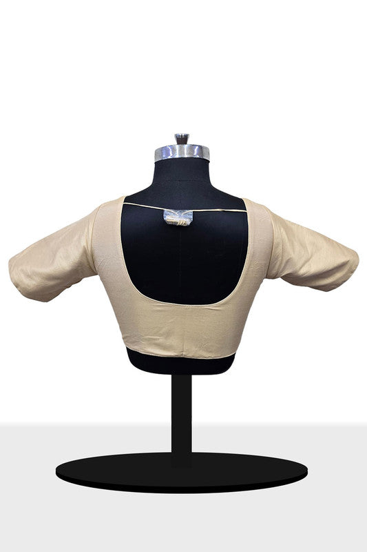Women’s Blouse Raw Silk Padded Front Open Round Neck Princess Cut Elbow Sleeve Saree Blouse with Round Back - Beige - R124