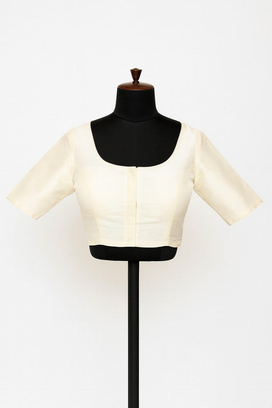 Women's Blouse Raw Silk Padded Front Open Round Neck Princess Cut Elbow Sleeve Saree Blouse with Round Back - Cream - R124