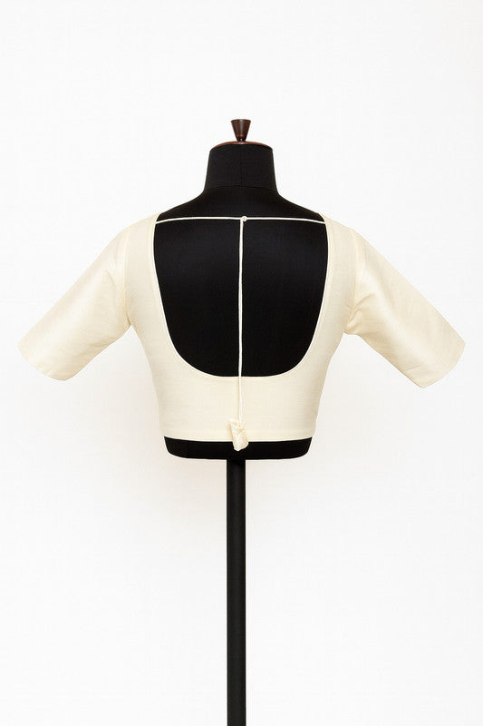 Women's Blouse Raw Silk Padded Front Open Round Neck Princess Cut Elbow Sleeve Saree Blouse with Round Back - Cream - R124