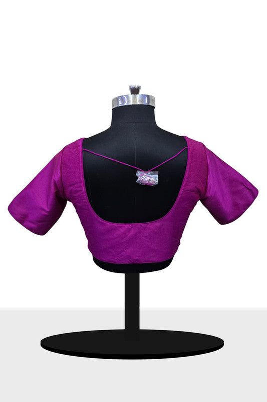Women's Blouse Raw Silk Padded Front Open Round Neck Princess Cut Elbow Sleeve Saree Blouse with Round Back - Dark Pink - R124