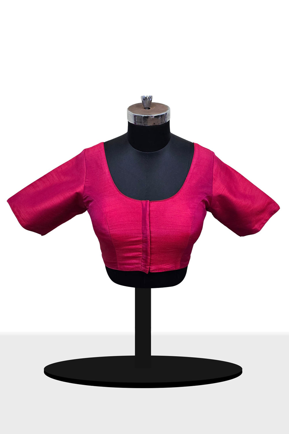 Women’s Blouse Raw Silk Padded Front Open Round Neck Princess Cut Elbow Sleeve Saree Blouse with Round Back - Maroon - R124