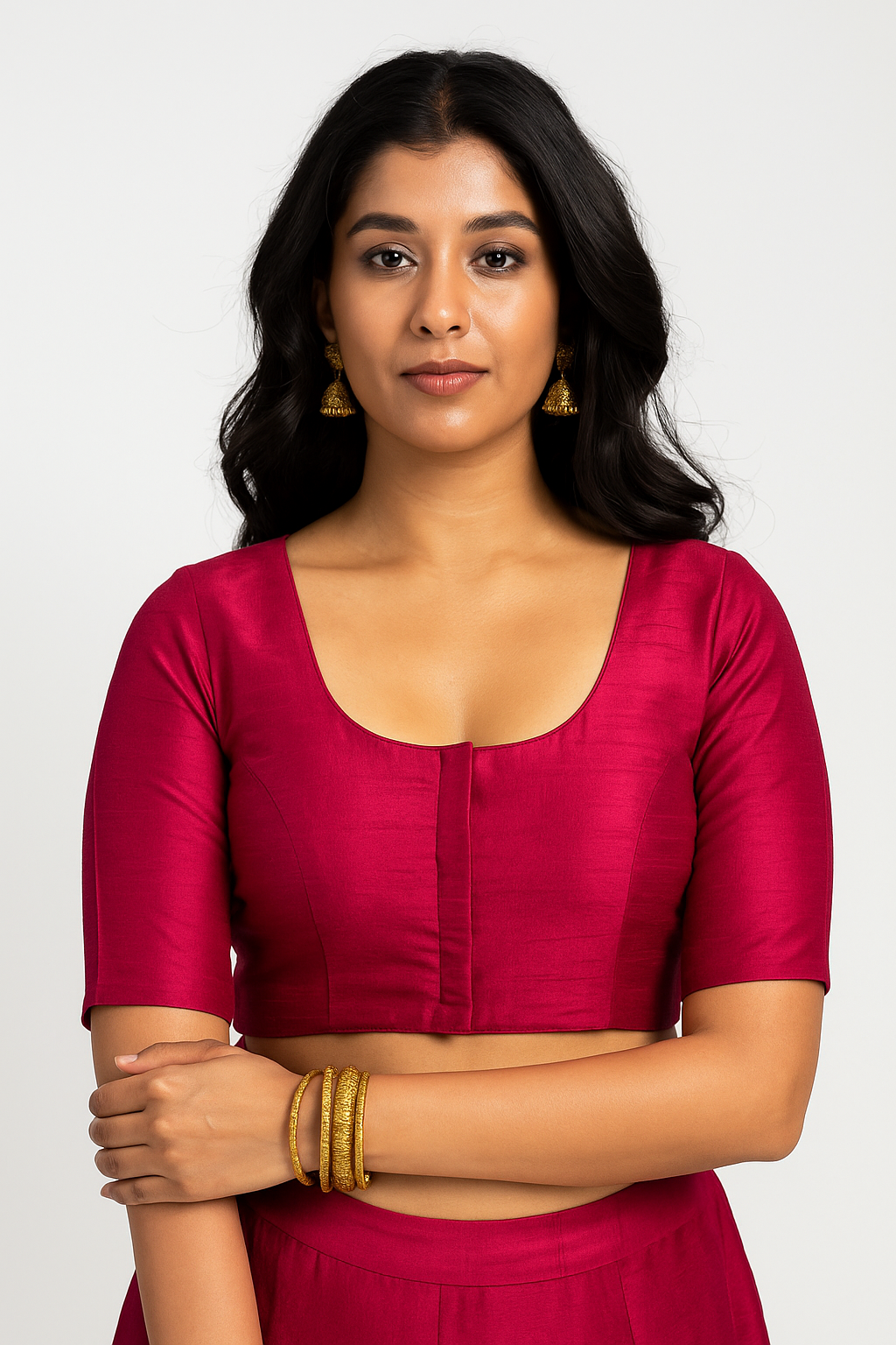 Women’s Blouse Raw Silk Padded Front Open Round Neck Princess Cut Elbow Sleeve Saree Blouse with Round Back - Maroon - R124