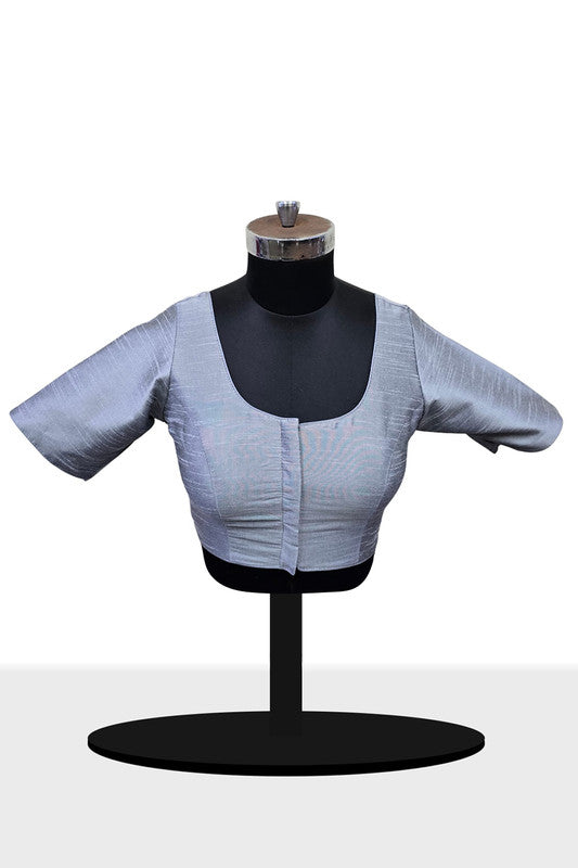 Women's Blouse Raw Silk Padded Front Open Round Neck Princess Cut Elbow Sleeve Saree Blouse with Round Back - Grey - R124