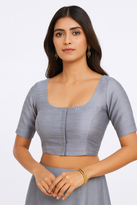 Women's Blouse Raw Silk Padded Front Open Round Neck Princess Cut Elbow Sleeve Saree Blouse with Round Back - Grey - R124