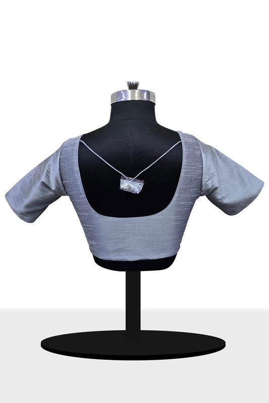 Women's Blouse Raw Silk Padded Front Open Round Neck Princess Cut Elbow Sleeve Saree Blouse with Round Back - Grey - R124
