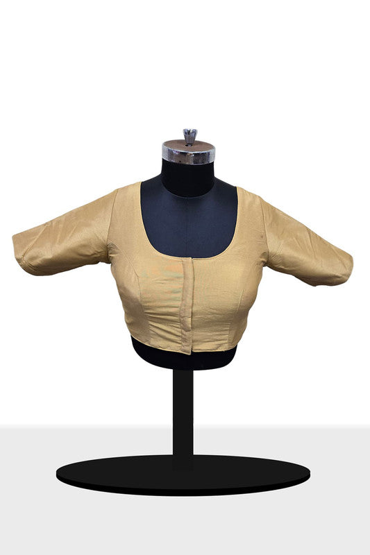 Women's Blouse Raw Silk Padded Front Open Round Neck Princess Cut Elbow Sleeve Saree Blouse with Round Back - Gold - R124