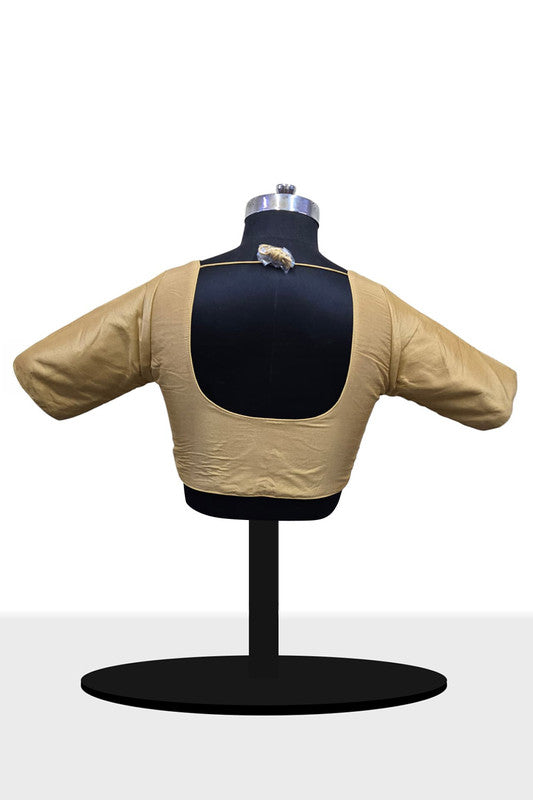 Women's Blouse Raw Silk Padded Front Open Round Neck Princess Cut Elbow Sleeve Saree Blouse with Round Back - Gold - R124