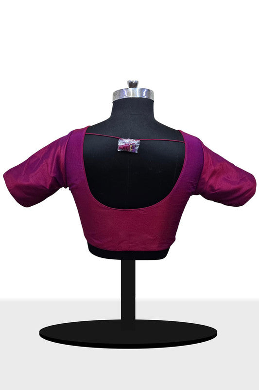 Women’s Blouse Raw Silk Padded Front Open Round Neck Princess Cut Elbow Sleeve Saree Blouse with Round Back - Magenta - R124