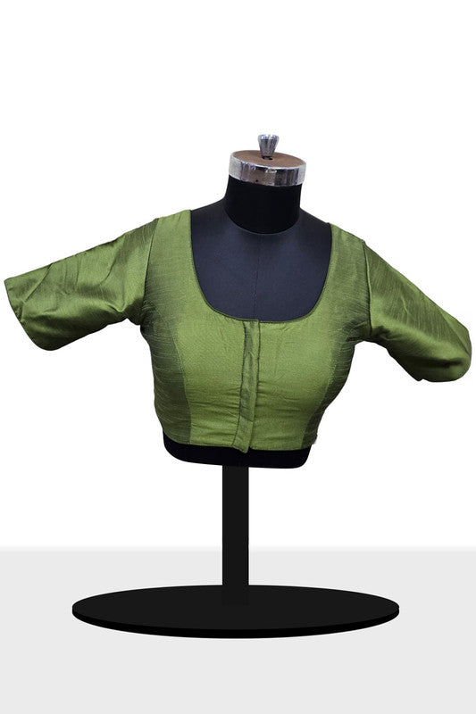 Women's Blouse Raw Silk Padded Front Open Round Neck Princess Cut Elbow Sleeve Saree Blouse with Round Back - Mehandi - R124