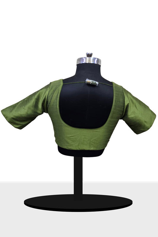 Women’s Blouse Raw Silk Padded Front Open Round Neck Princess Cut Elbow Sleeve Saree Blouse with Round Back - Mehandi - R124