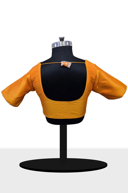 Women's Blouse Raw Silk Padded Front Open Round Neck Princess Cut Elbow Sleeve Saree Blouse with Round Back - Mustard - R124