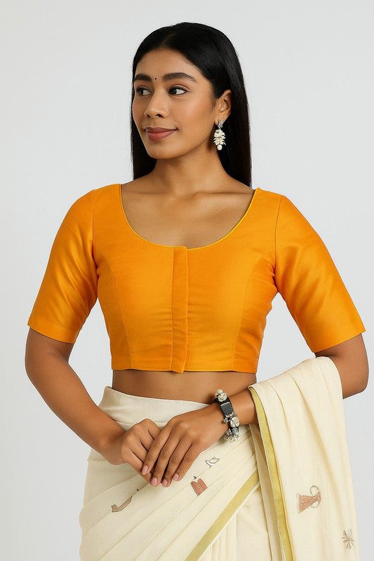 Women’s Blouse Raw Silk Padded Front Open Round Neck Princess Cut Elbow Sleeve Saree Blouse with Round Back - Mustard - R124