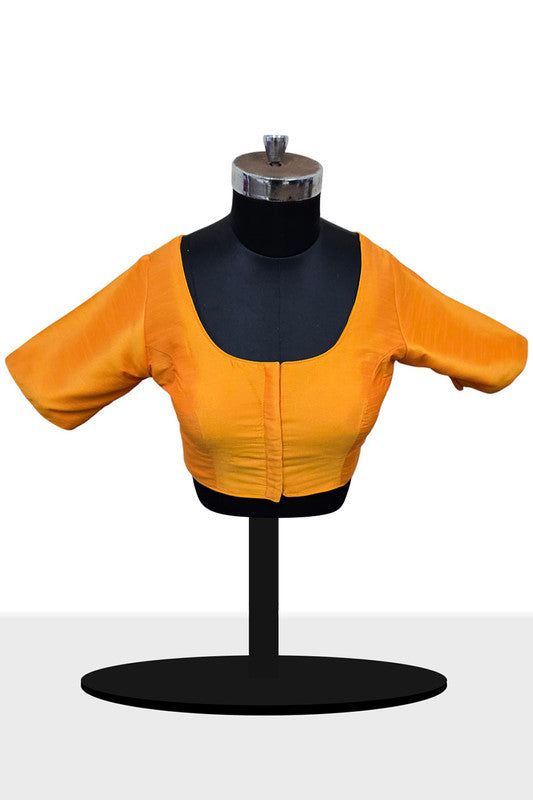 Women's Blouse Raw Silk Padded Front Open Round Neck Princess Cut Elbow Sleeve Saree Blouse with Round Back - Mustard - R124