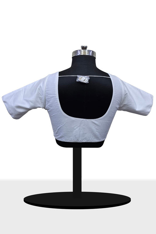 Women’s Blouse Raw Silk Padded Front Open Round Neck Princess Cut Elbow Sleeve Saree Blouse with Round Back - Off White - R124