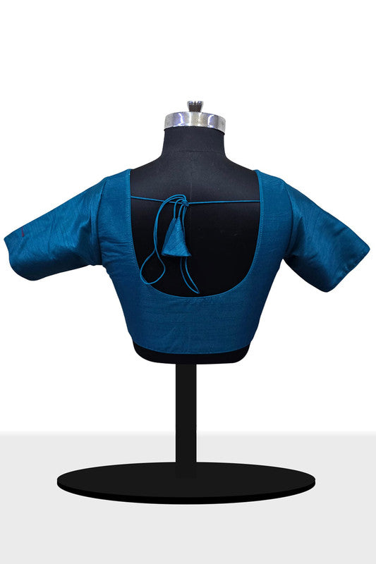 Women's Blouse Raw Silk Padded Front Open Round Neck Princess Cut Elbow Sleeve Saree Blouse with Round Back - Rama Green - R124