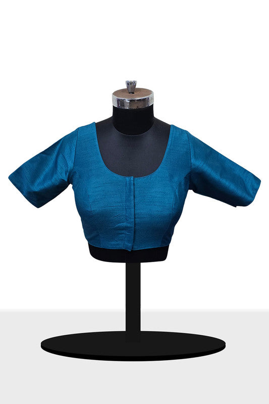 Women's Blouse Raw Silk Padded Front Open Round Neck Princess Cut Elbow Sleeve Saree Blouse with Round Back - Rama Green - R124