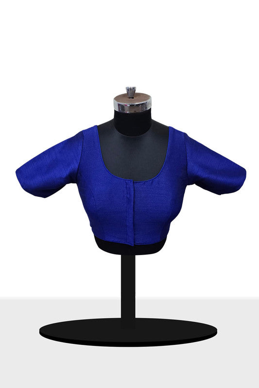 Women's Blouse Raw Silk Padded Front Open Round Neck Princess Cut Elbow Sleeve Saree Blouse with Round Back - Royal Blue - R124