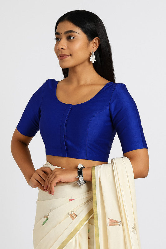 Women’s Blouse Raw Silk Padded Front Open Round Neck Princess Cut Elbow Sleeve Saree Blouse with Round Back - Royal Blue - R124