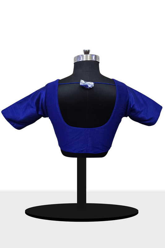 Women's Blouse Raw Silk Padded Front Open Round Neck Princess Cut Elbow Sleeve Saree Blouse with Round Back - Royal Blue - R124