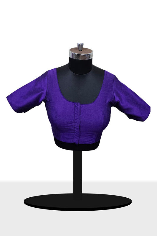 Women's Blouse Raw Silk Padded Front Open Round Neck Princess Cut Elbow Sleeve Saree Blouse with Round Back - Violet - R124