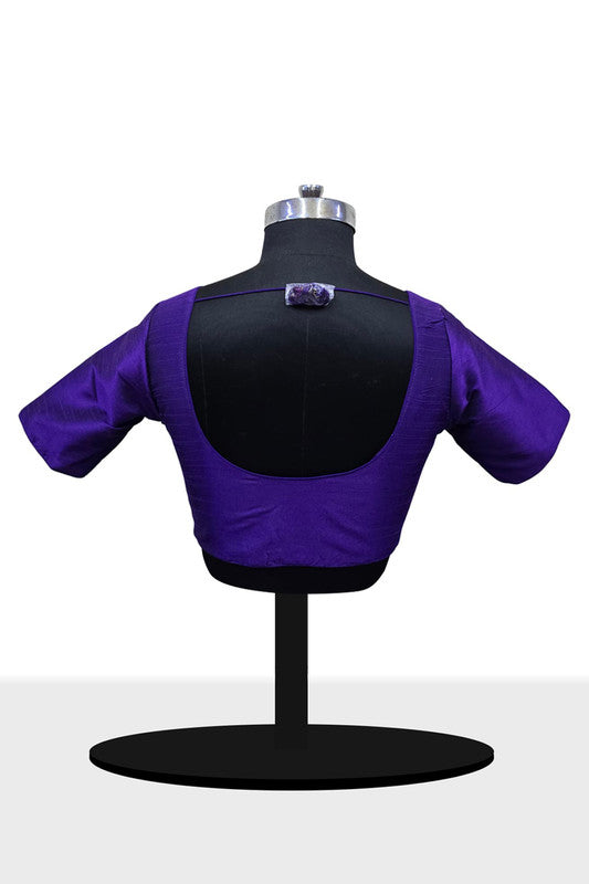 Women's Blouse Raw Silk Padded Front Open Round Neck Princess Cut Elbow Sleeve Saree Blouse with Round Back - Violet - R124