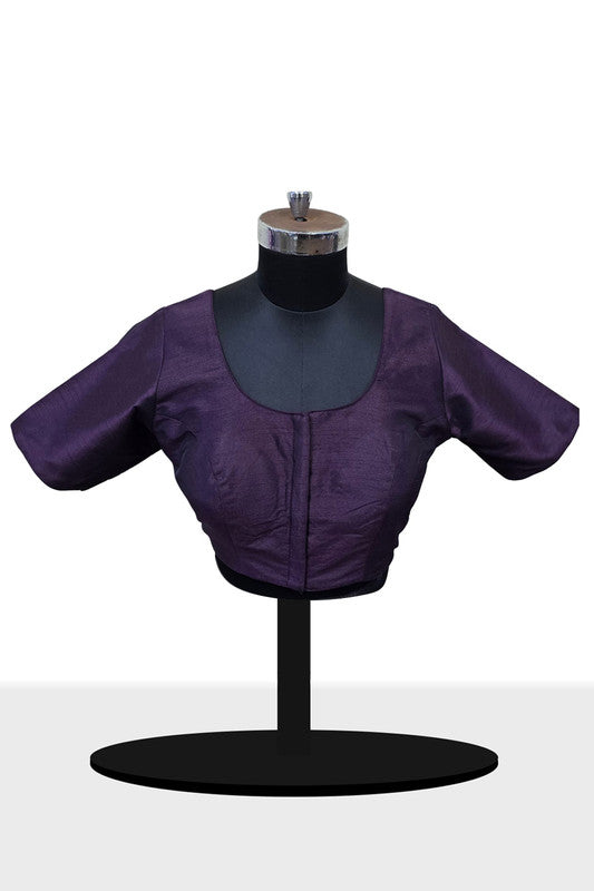 Women's Blouse Raw Silk Padded Front Open Round Neck Princess Cut Elbow Sleeve Saree Blouse with Round Back - Wine - R124