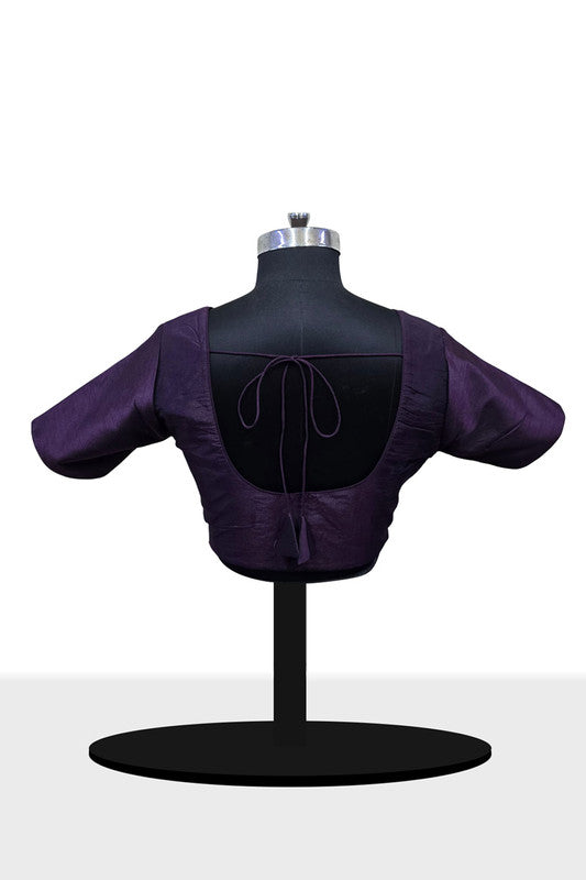 Women's Blouse Raw Silk Padded Front Open Round Neck Princess Cut Elbow Sleeve Saree Blouse with Round Back - Wine - R124