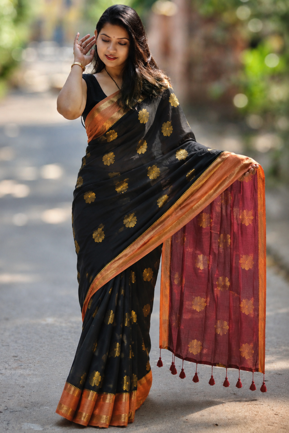 Naidu Hall Women's Black Mulmul Cotton Blend Jacquard Saree with Blouse | Lightweight Ethnic Wear Saree - R121