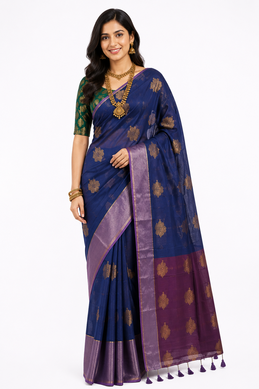 Naidu Hall Women's Blue Mulmul Cotton Blend Jacquard Saree with Blouse | Lightweight Ethnic Wear Saree - R121