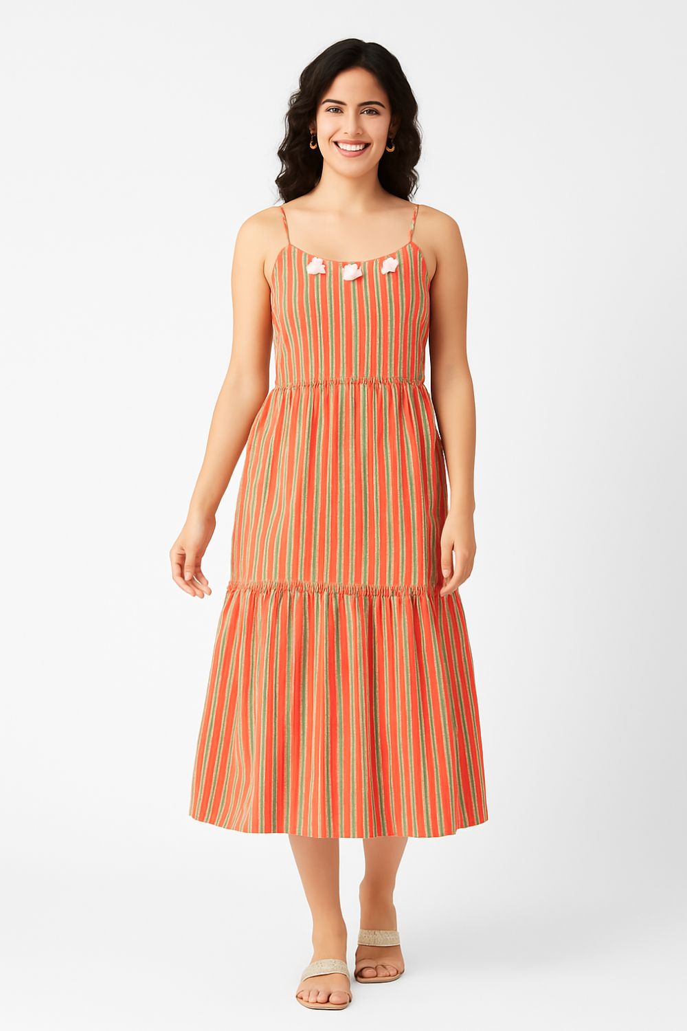 Mythri Women’s Sleeveless Cotton Cambric Dress | Tiered Everyday Wear with Scoop Neckline & Tassel Detailing - Orange - R503