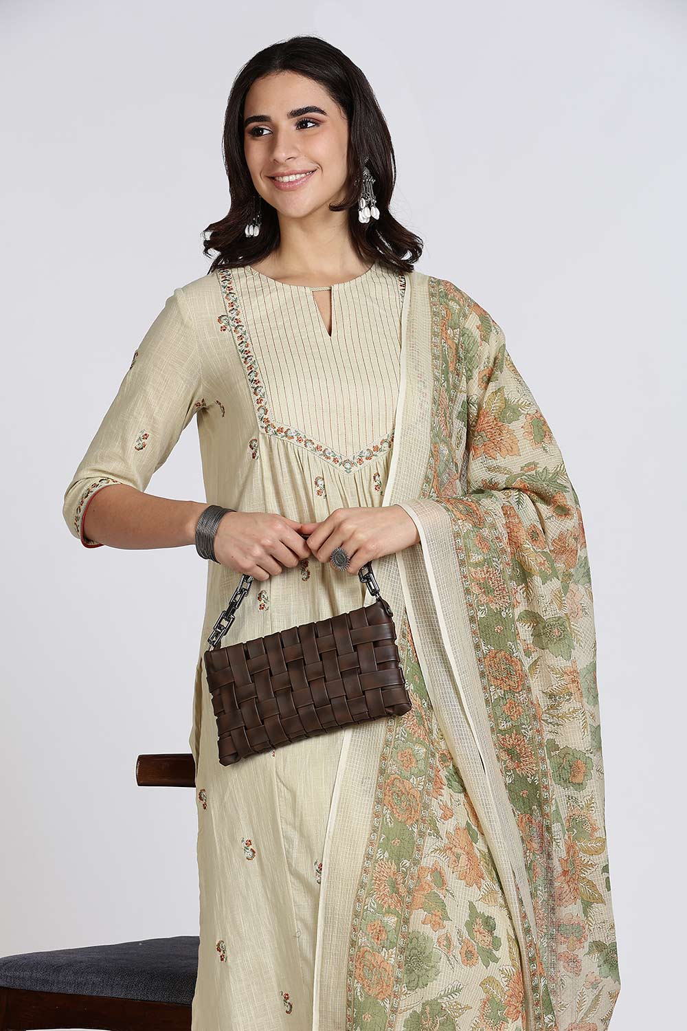 Mythri Women’s Cotton Cambric Kurthi Set 3 Piece Straight Cut Embroidered Kurthi with Pants and Kota Shawl - Green - R503