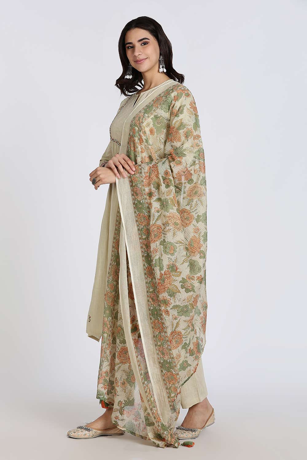Mythri Women’s Cotton Cambric Kurthi Set 3 Piece Straight Cut Embroidered Kurthi with Pants and Kota Shawl - Green - R503