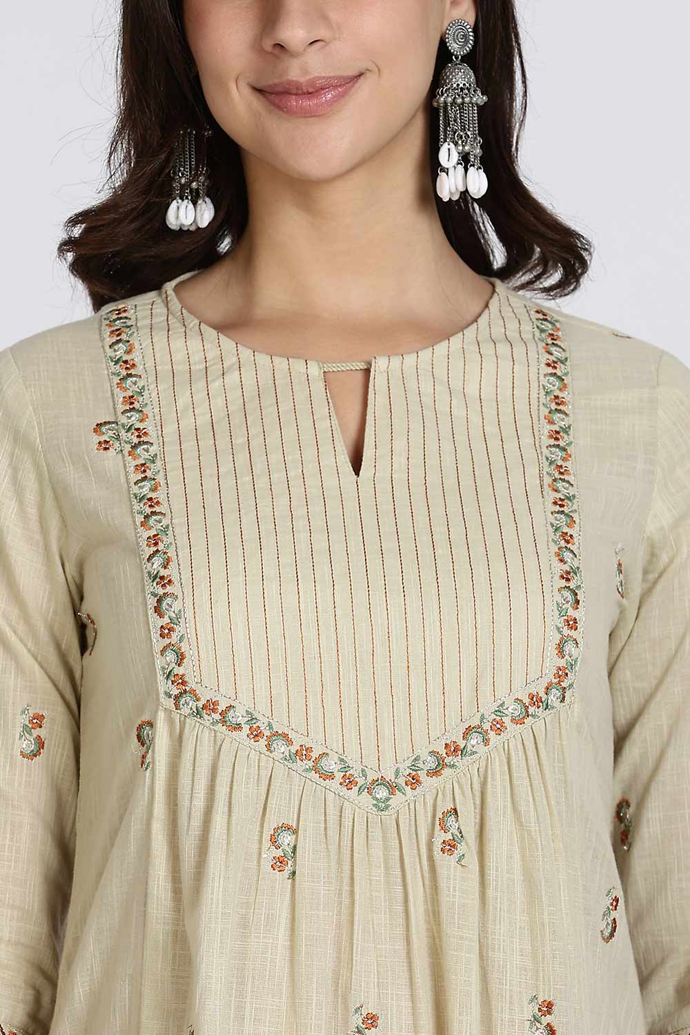 Mythri Women’s Cotton Cambric Kurthi Set 3 Piece Straight Cut Embroidered Kurthi with Pants and Kota Shawl - Green - R503