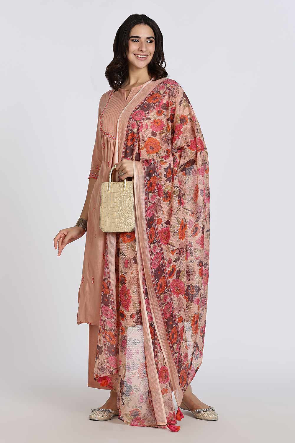 Mythri Women’s Cotton Cambric Kurthi Set 3 Piece Straight Cut Embroidered Kurthi with Pants and Kota Shawl - Orange - R503