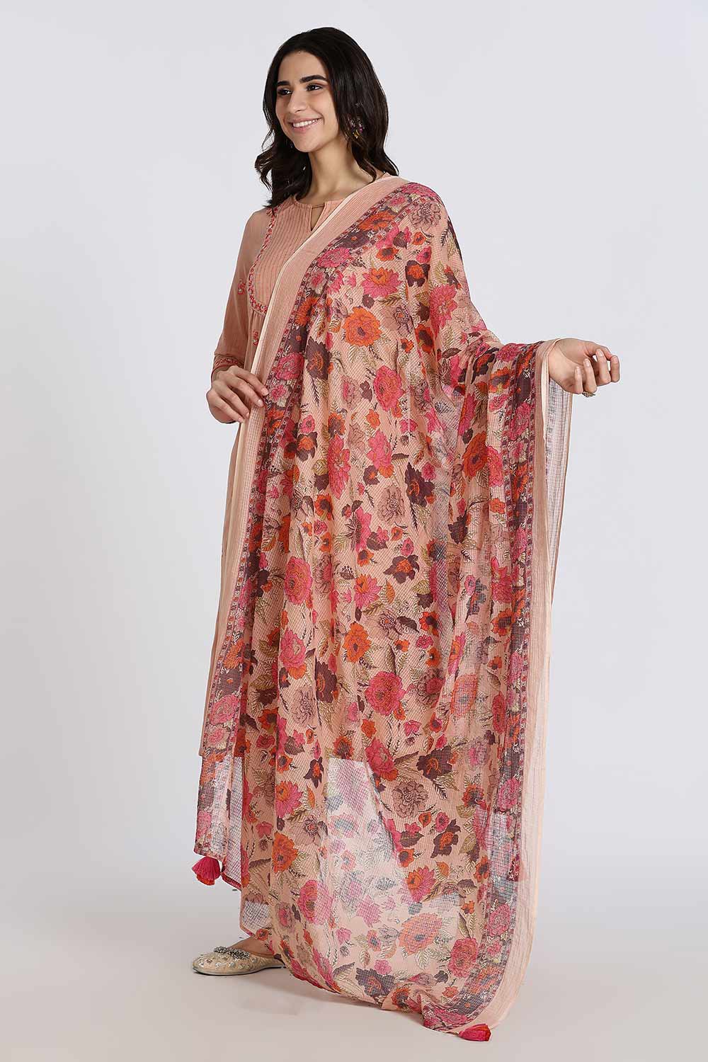 Mythri Women’s Cotton Cambric Kurthi Set 3 Piece Straight Cut Embroidered Kurthi with Pants and Kota Shawl - Orange - R503