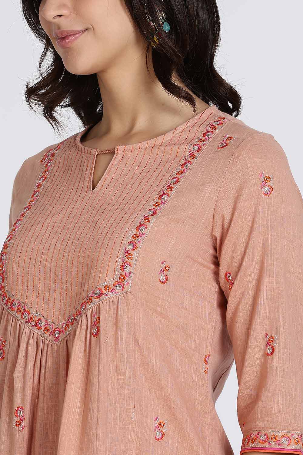 Mythri Women’s Cotton Cambric Kurthi Set 3 Piece Straight Cut Embroidered Kurthi with Pants and Kota Shawl - Orange - R503