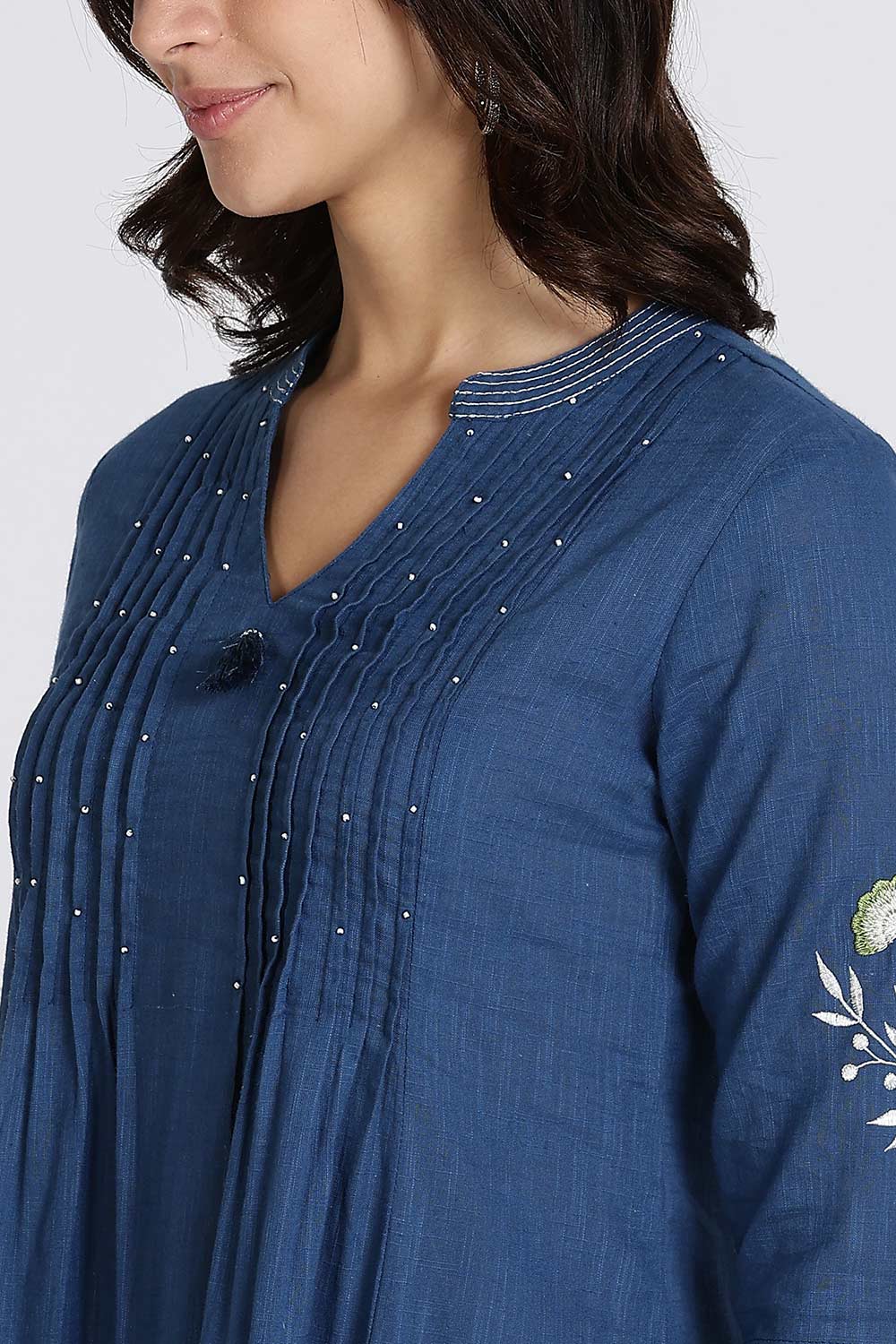 Mythri Women’s Cotton Cambric Kurthi Set 3 Piece Traditional Ethnic Wear with Pintucks Pants and Printed Dupatta - Blue - R505