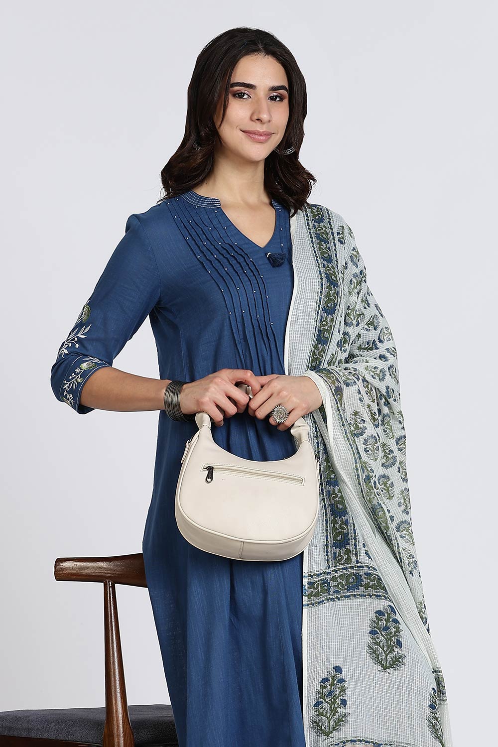 Mythri Women’s Cotton Cambric Kurthi Set 3 Piece Traditional Ethnic Wear with Pintucks Pants and Printed Dupatta - Blue - R505