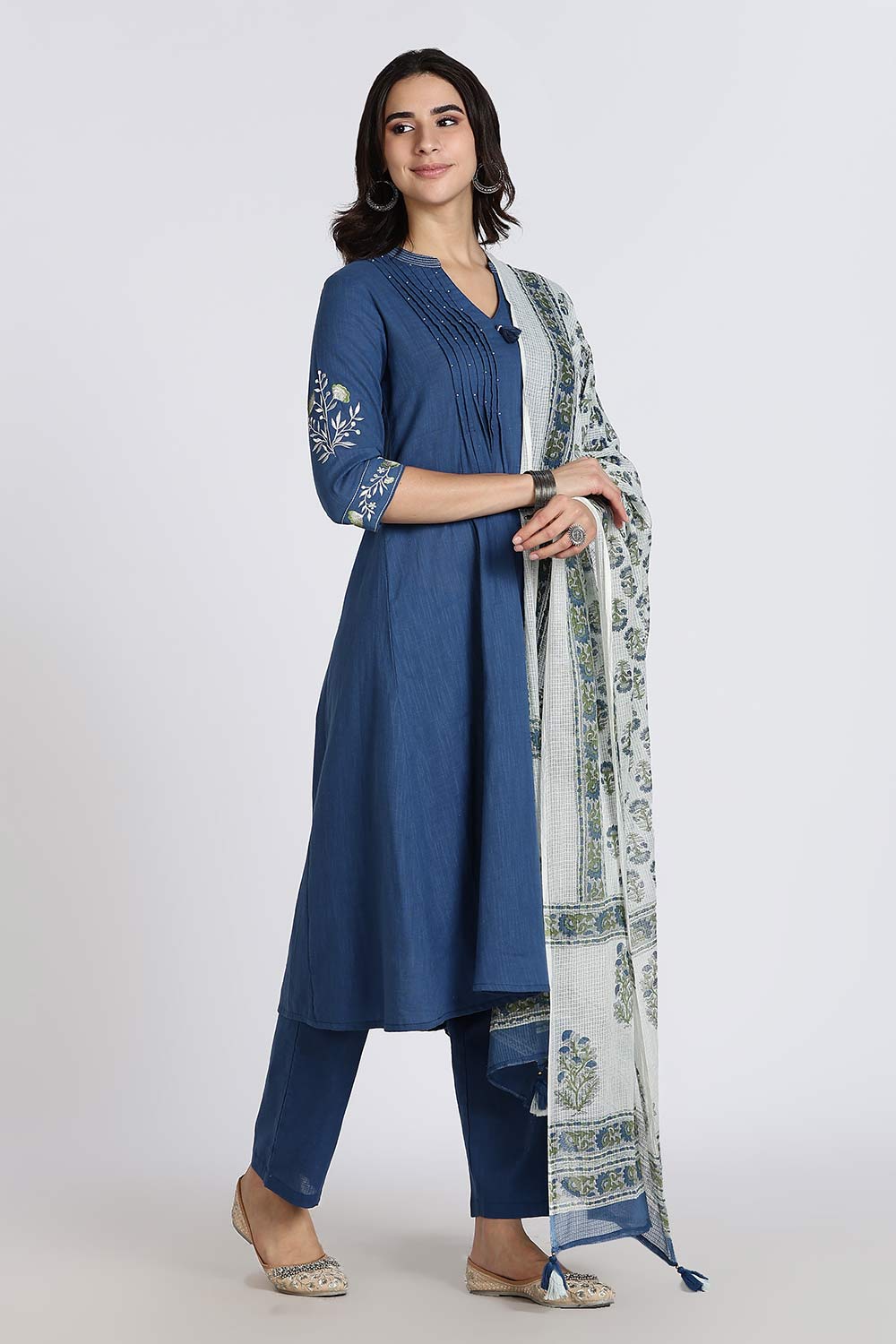 Mythri Women’s Cotton Cambric Kurthi Set 3 Piece Traditional Ethnic Wear with Pintucks Pants and Printed Dupatta - Blue - R505