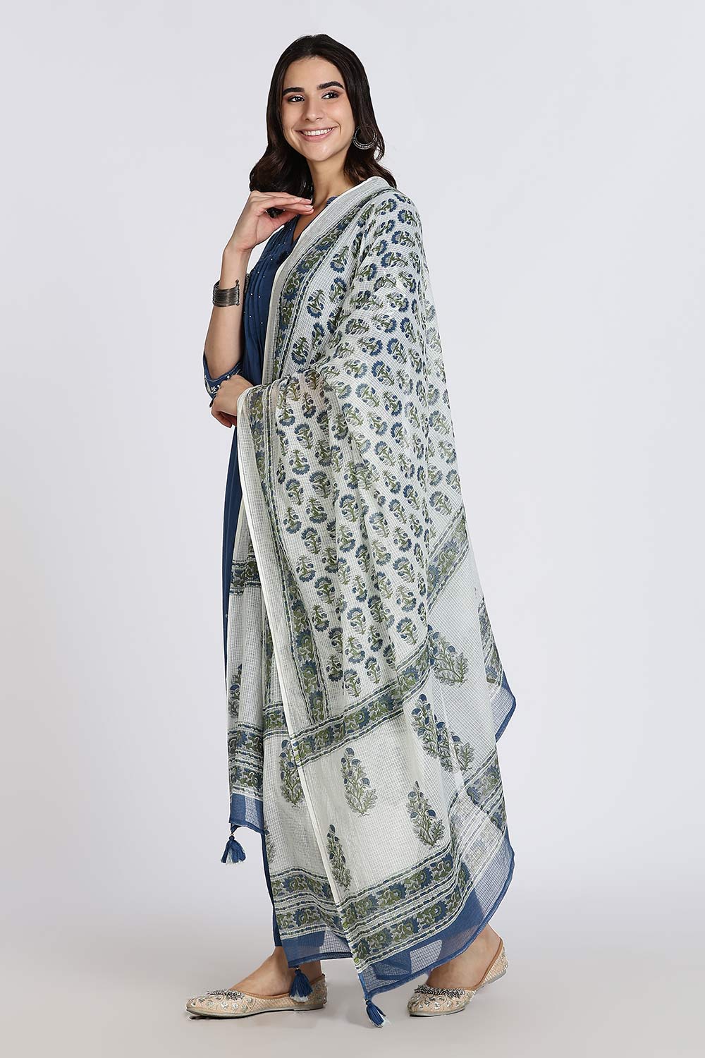 Mythri Women’s Cotton Cambric Kurthi Set 3 Piece Traditional Ethnic Wear with Pintucks Pants and Printed Dupatta - Blue - R505