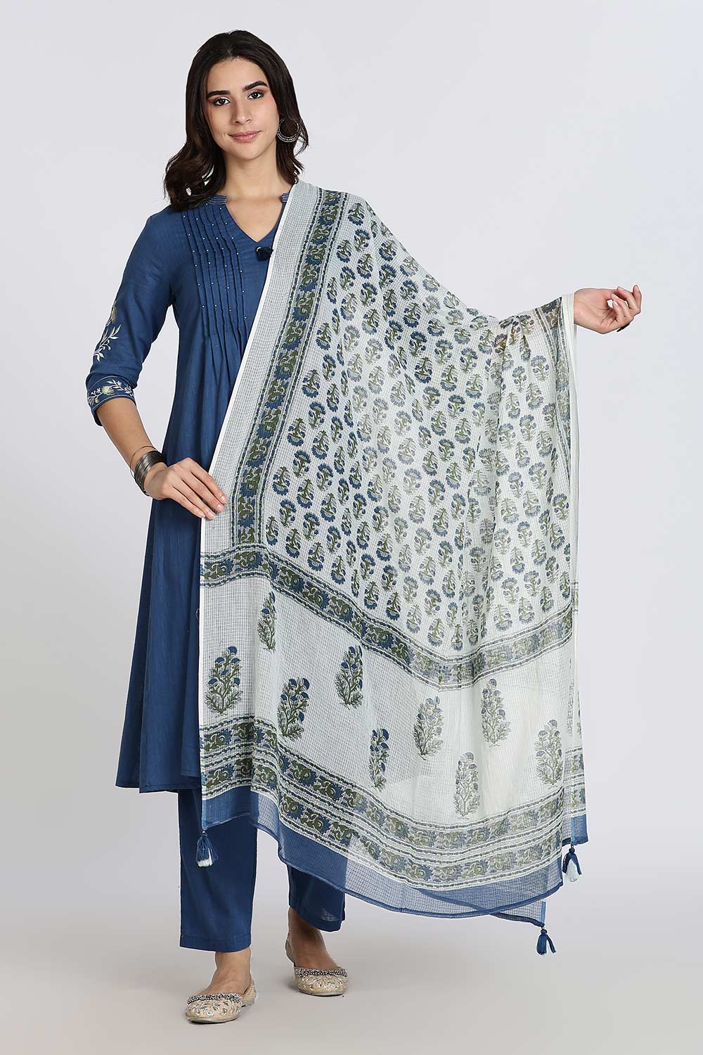 Mythri Women’s Cotton Cambric Kurthi Set 3 Piece Traditional Ethnic Wear with Pintucks Pants and Printed Dupatta - Blue - R505