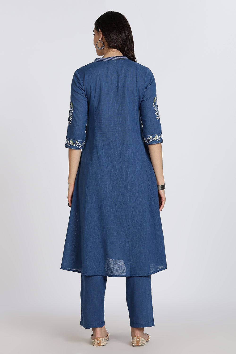 Mythri Women’s Cotton Cambric Kurthi Set 3 Piece Traditional Ethnic Wear with Pintucks Pants and Printed Dupatta - Blue - R505